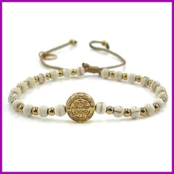Adjustable Saint Benedict Coin Bracelet with Beads, Spiritual Jewelry - Picture 3 of 8
